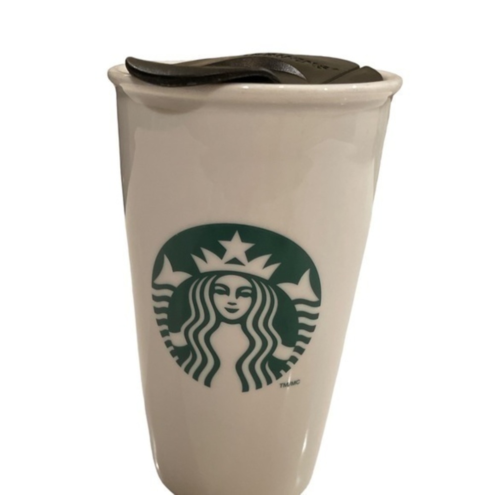 Starbucks white and green ceramic coffee mug with lid